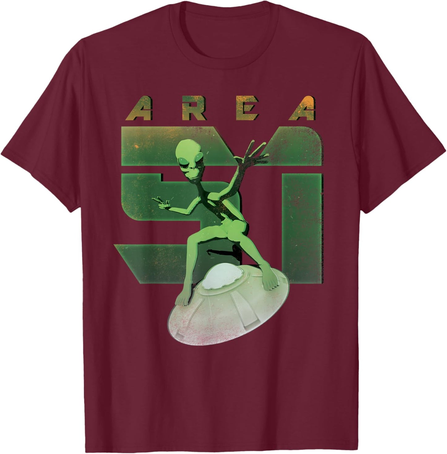 Alien Area 51 Shirt UFO Green Man Flying Saucer Space T-Shirt - T-Shirt | Maroon