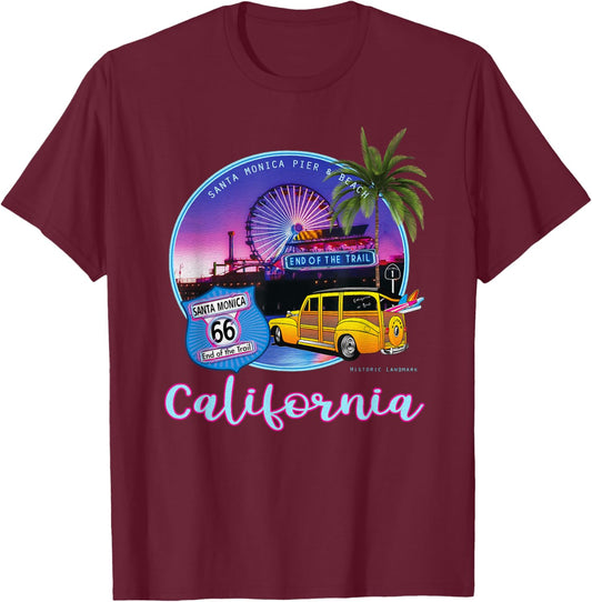 Santa Monica Pier California 66 End of The Trail Souvenir T-Shirt - T-Shirt | Maroon