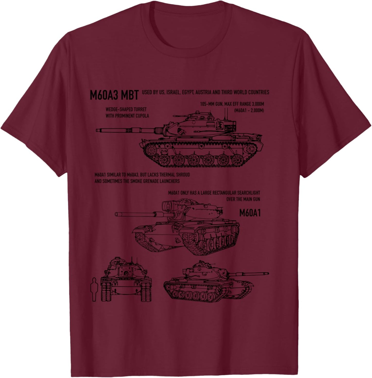 M60A3 Patton Military Tank Recognition Blueprints T-Shirt - T-Shirt | Maroon