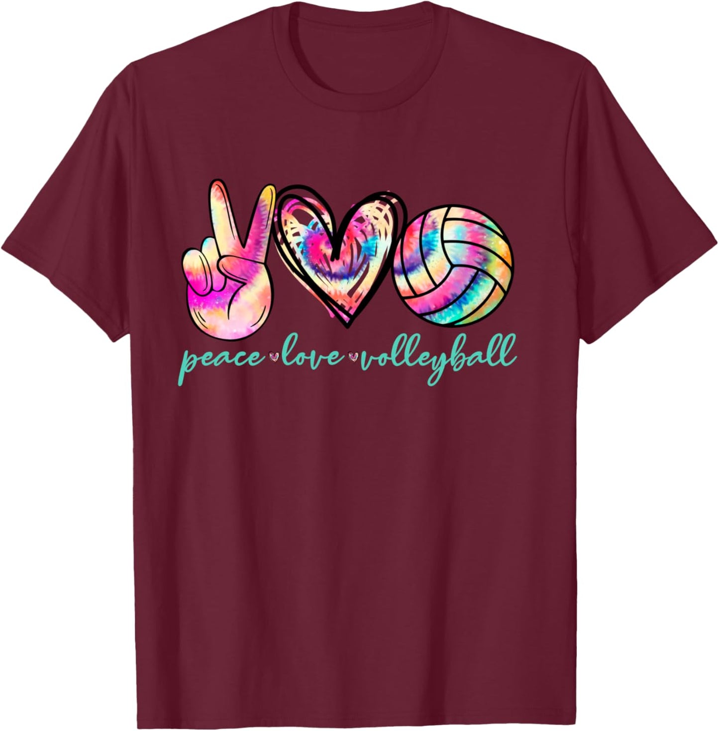 Peace Love Volleyball Player Tie Dye Style Women Teen Girls T-Shirt - T-Shirt | Maroon