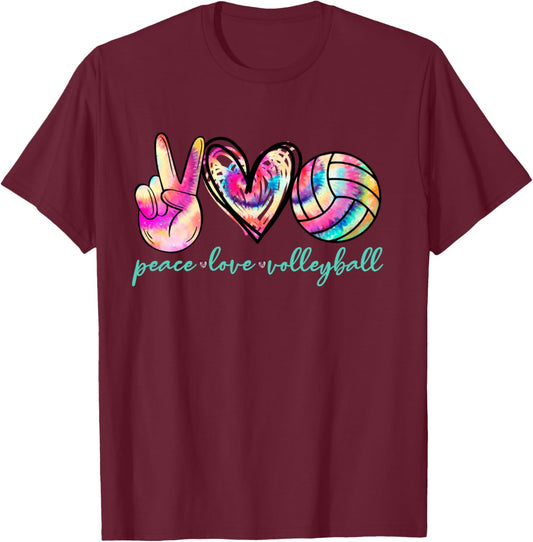 Peace Love Volleyball Player Tie Dye Style Women Teen Girls T-Shirt - T-Shirt | Maroon