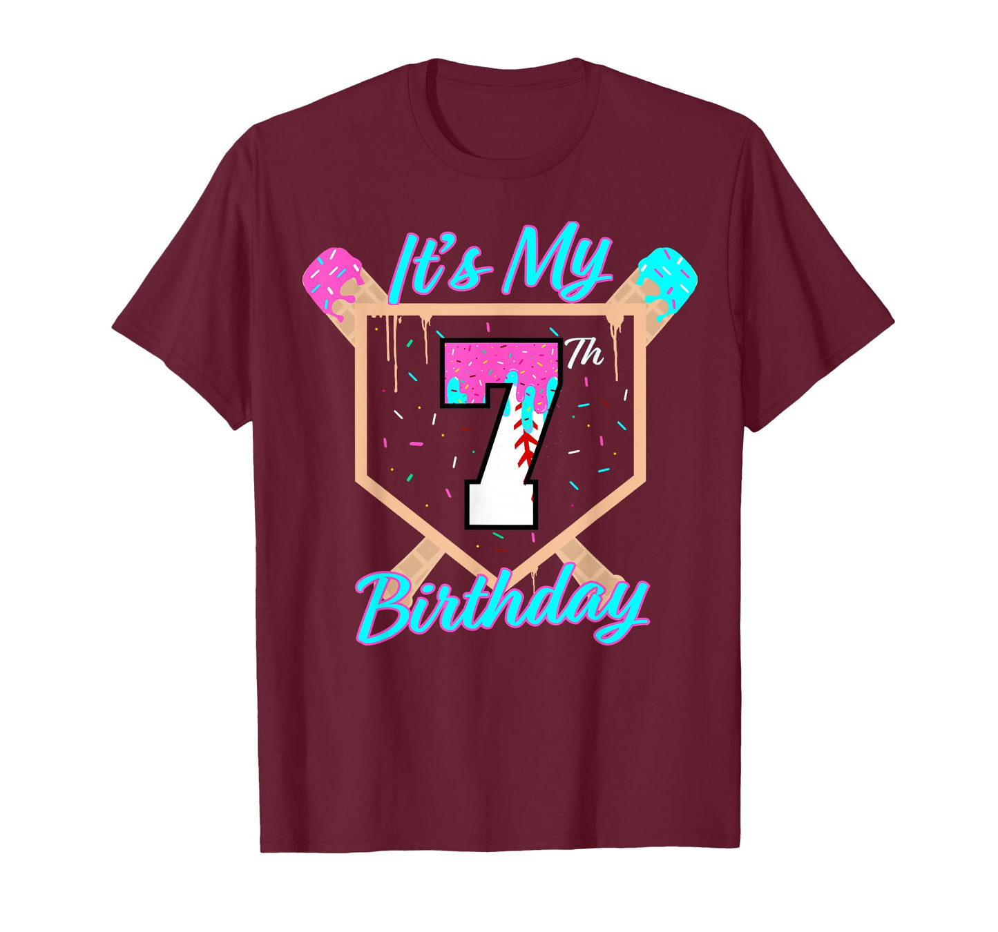 Baseball 7 Year Old Ice Cream Drip 7th Birthday Boy Number 7 T-Shirt