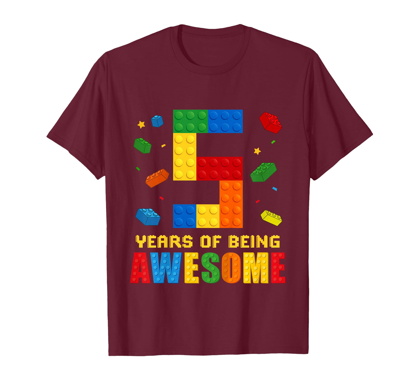 Kids 5 Year Old Birthday Boy Being Awesome Building Bricks 5th T-Shirt