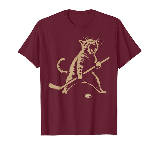 Funny Vintage Cat Playing ice Hockey Puck Cool Sport Graphic T-Shirt