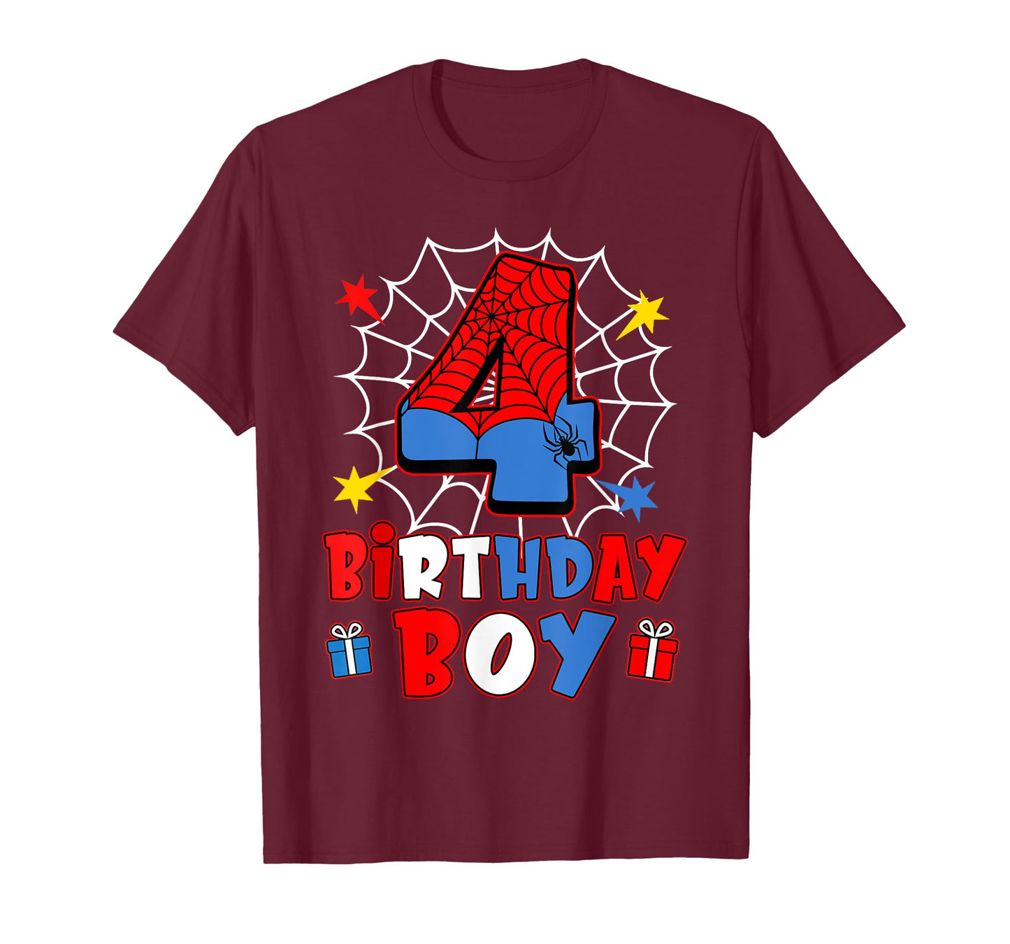 Kids Spider Web Four 4 Years Old It's My 4th Birthday Boy T-Shirt