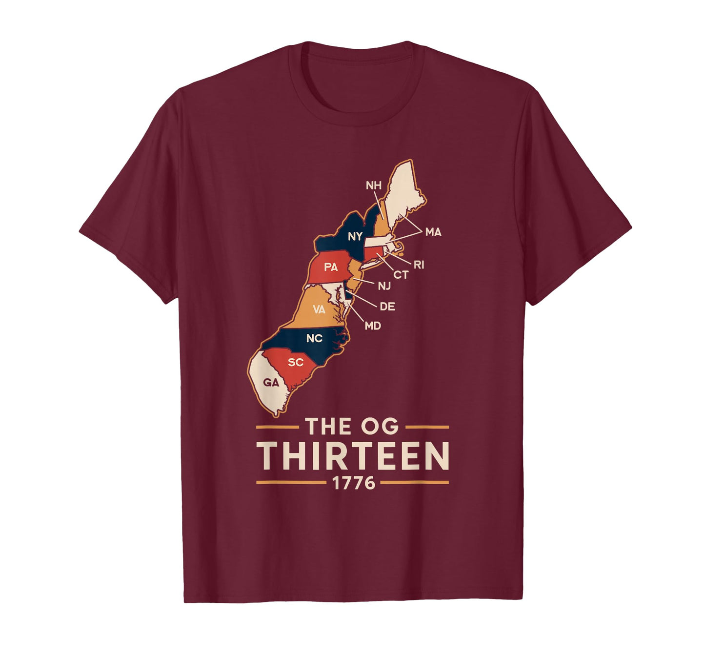 The OG Thirteen 1776 Colonial States Map Patriotic Design T-Shirt