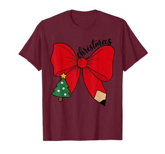 Cute Christmas Teacher Red Bow with Pencil Holiday Classroom T-Shirt