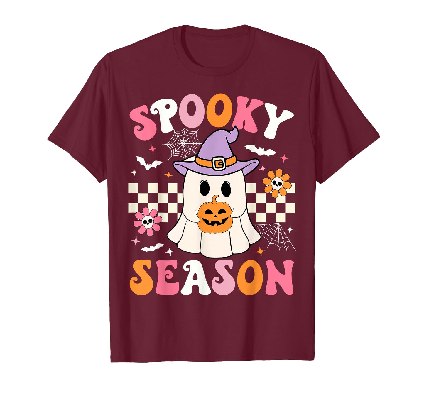 Spooky Season Ghost Holding Pumpkin Groovy Halloween Ghost T-Shirt