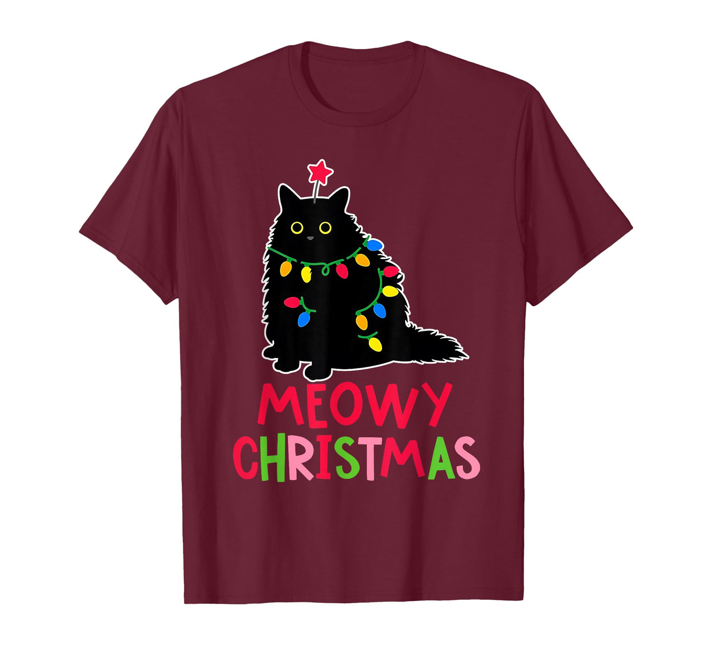 Meowy Christmas Xmas Lights Black Cat Pajamas Family Funny Men Women Kids T-Shirt