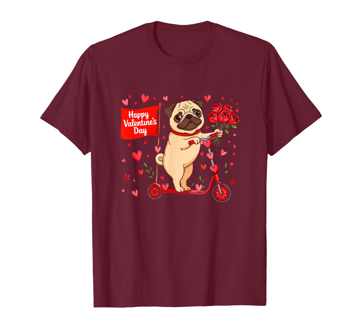 Happy Valentine's Day Pug Riding Scoter Floral Owner Kids T-Shirt