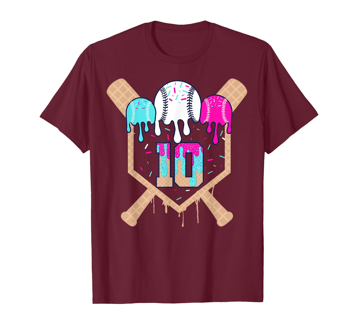 Baseball 10 Year Old Ice Cream Drip 10th Birthday Number 10 T-Shirt