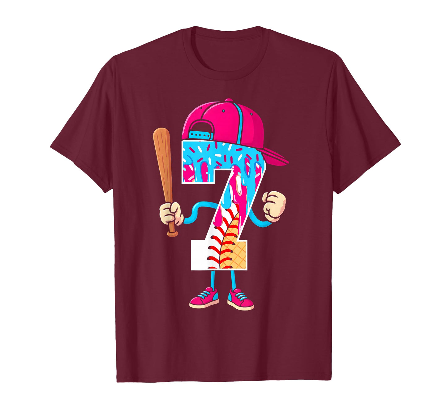 Baseball 7 Year Old Ice Cream Drip 7th Birthday Boy Number 7 T-Shirt