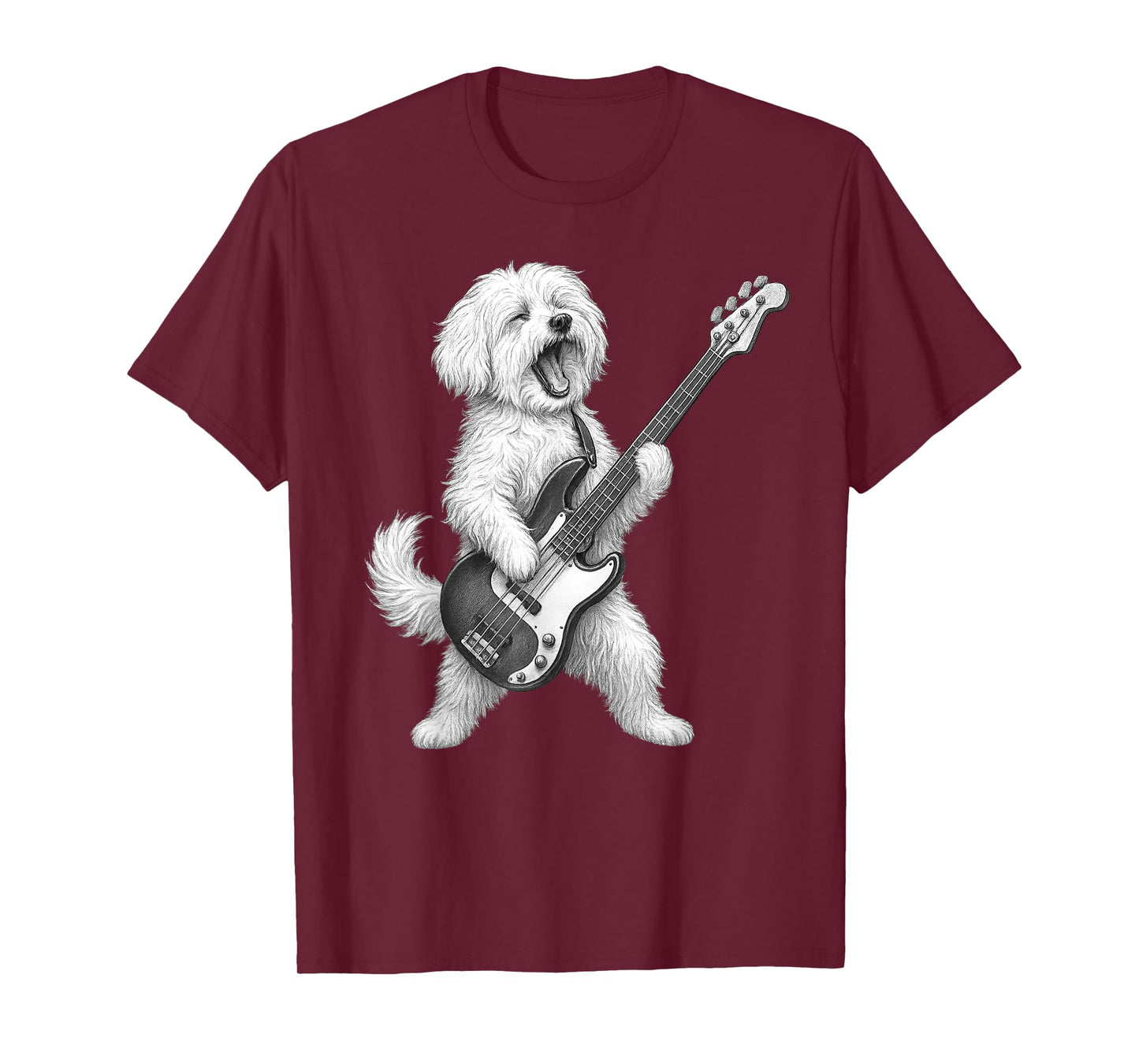 Maltese Dog Playing Bass Guitar Rock Music Dog Lover T-Shirt for Men Women Kids