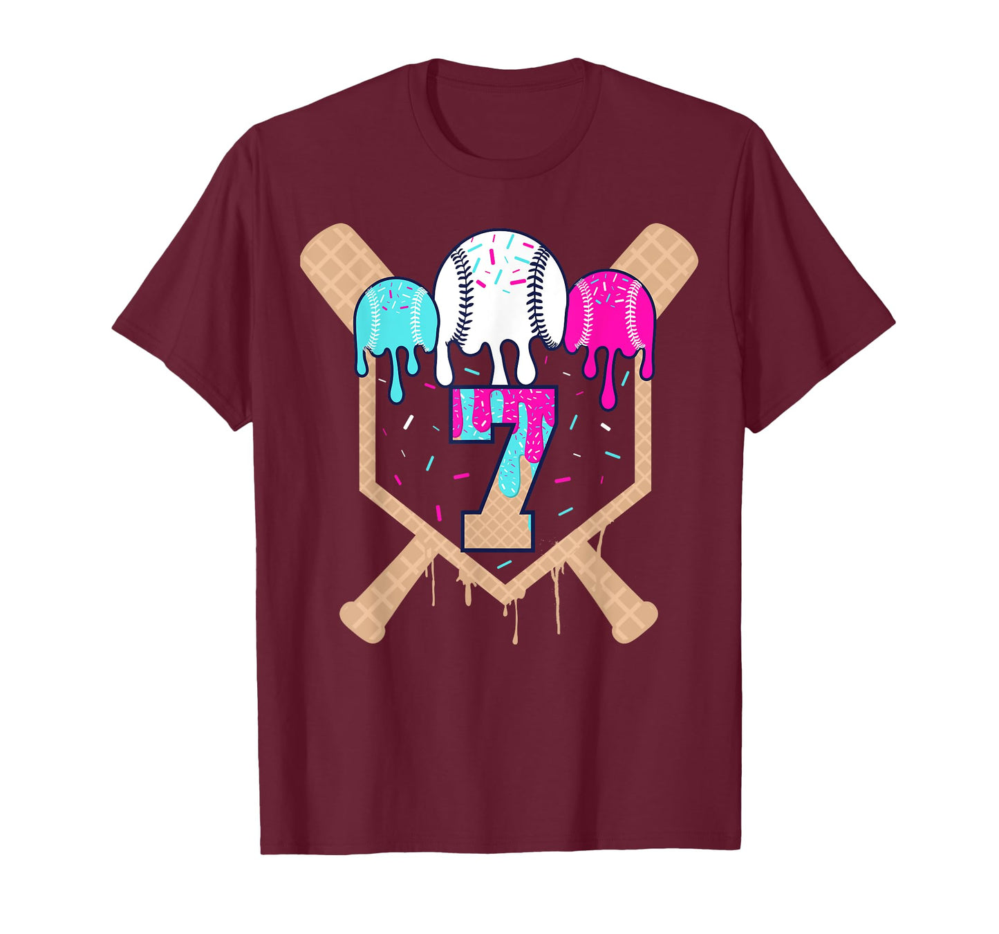 Baseball 7 Year Old Ice Cream Drip 7th Birthday Boy Number 7 T-Shirt
