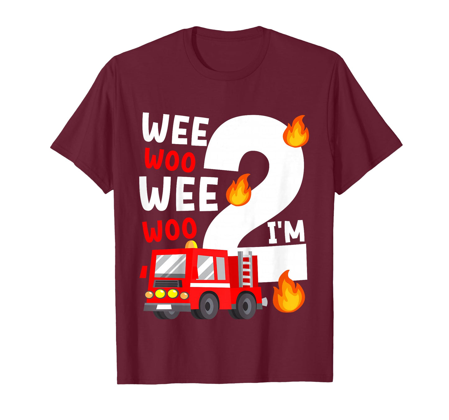 Kids Wee Woo I'm 2 Years Old Red Fire Truck Boys 2nd Birthday T-Shirt