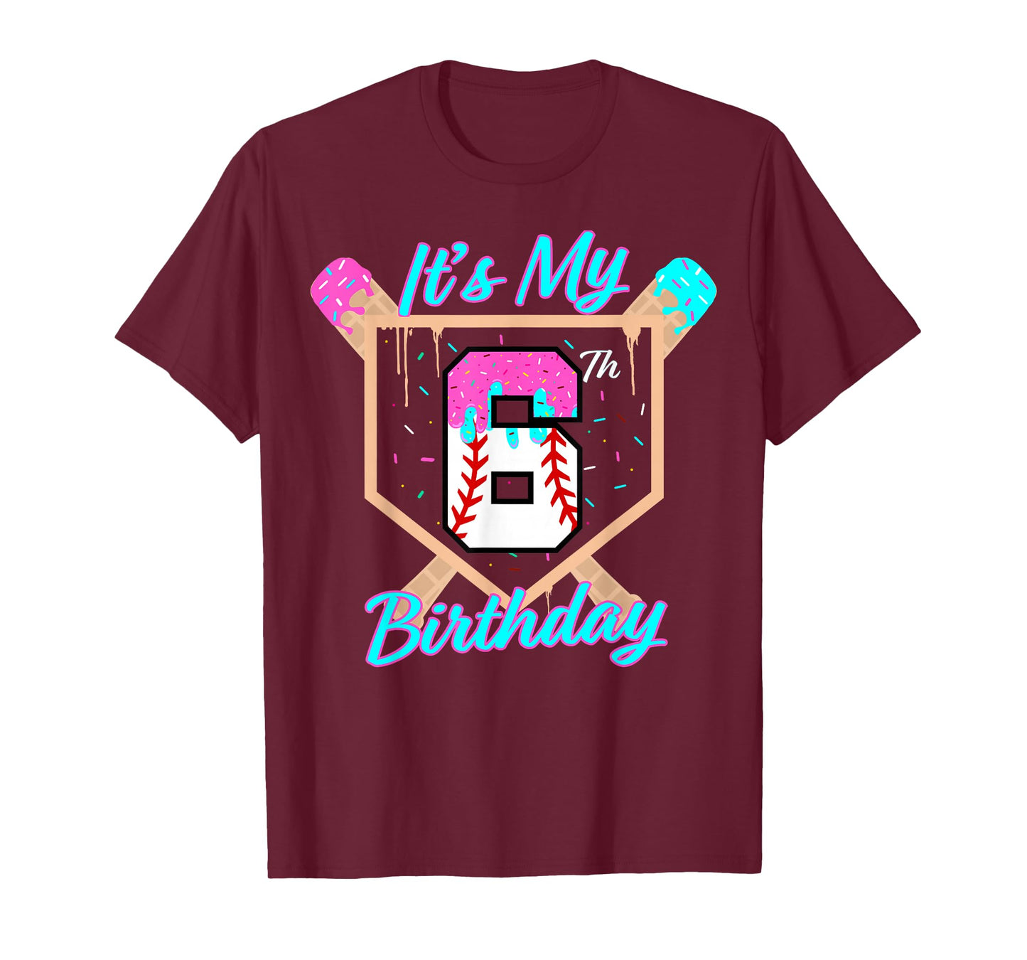 Baseball 6 Year Old Ice Cream Drip 6th Birthday Boy Number 6 T-Shirt