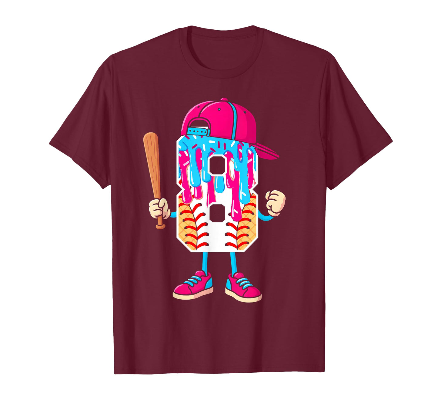 Baseball 8 Year Old Ice Cream Drip 8th Birthday Boy Number 8 T-Shirt