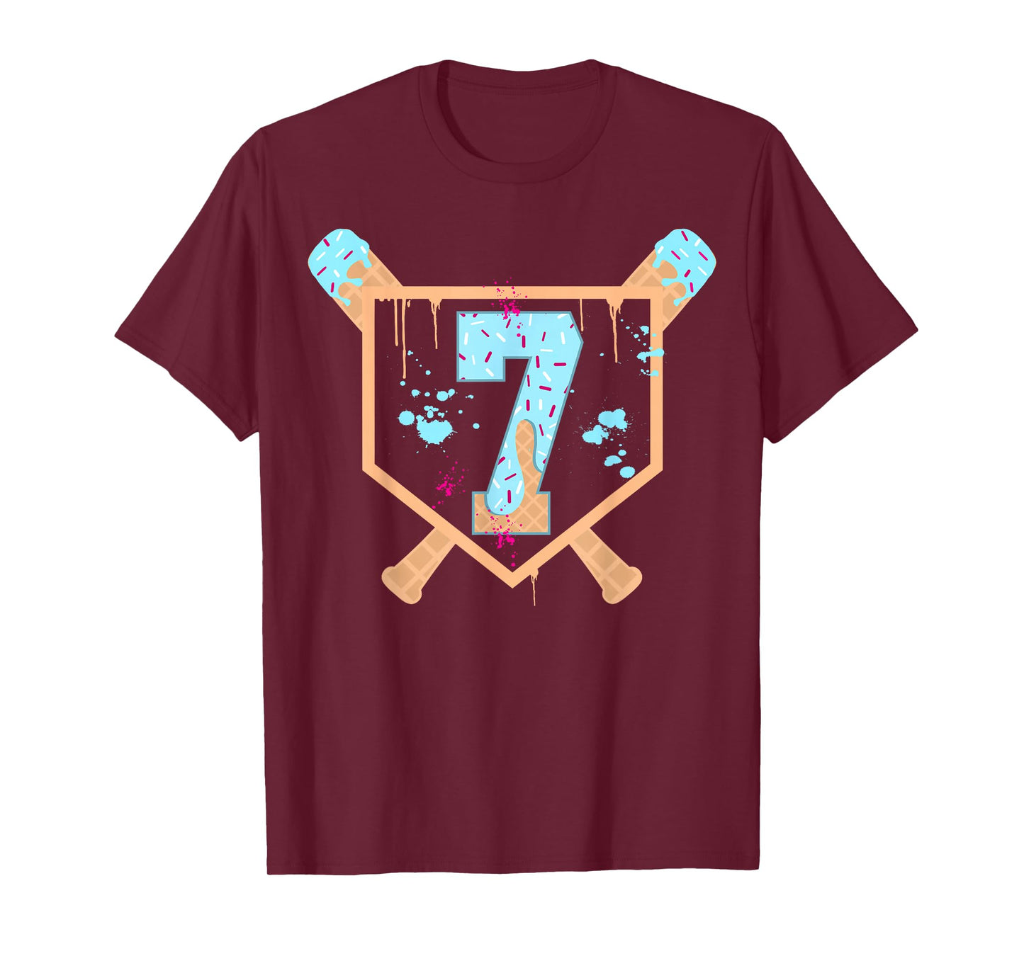 Baseball 7 Year Old Ice Cream Drip 7th Birthday Boy Number 7 T-Shirt