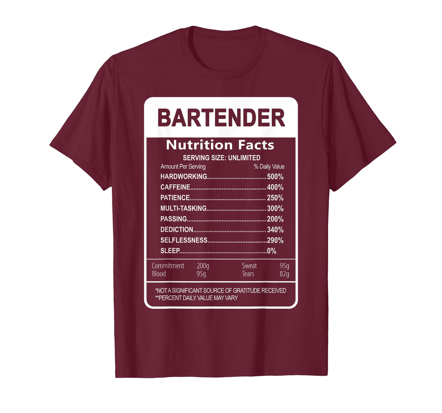Bartender Nutrition Facts Sarcastic Graphic T-Shirt