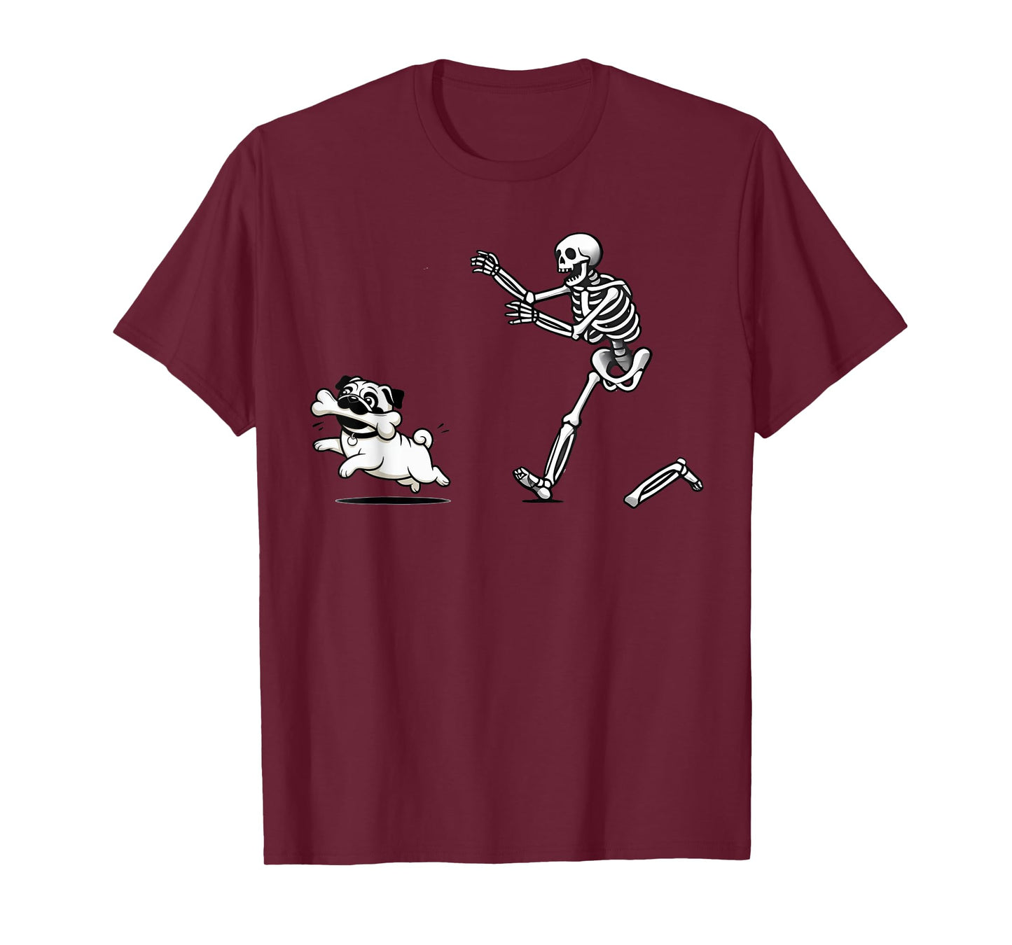 Funny Pug Dog Steals Bone from Skeleton Design T-Shirt