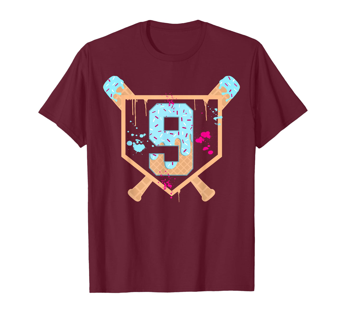 Baseball 9 Year Old Ice Cream Drip 9th Birthday Boy Number 9 T-Shirt