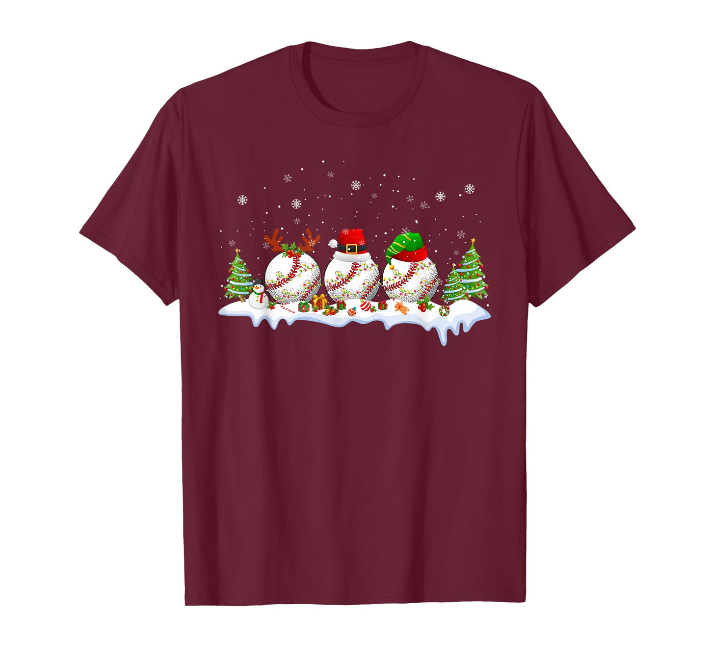 Santa Elf Reindeer Baseball Balls Xmas Tree Lights Christmas T-Shirt