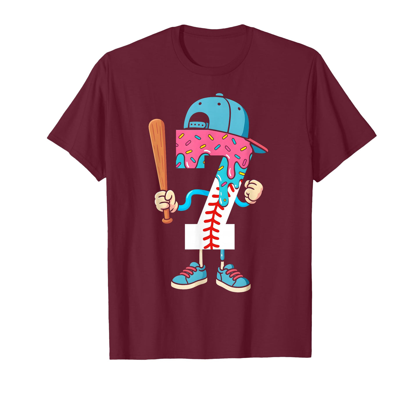 Baseball 7 Year Old Ice Cream Drip 7th Birthday Boy Number 7 T-Shirt