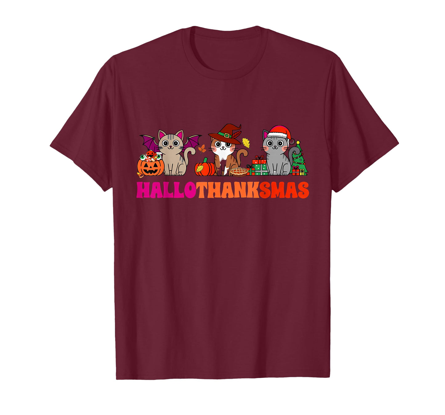 Halloween Thanksgiving Christmas Happy HalloThanksMas Cats T-Shirt