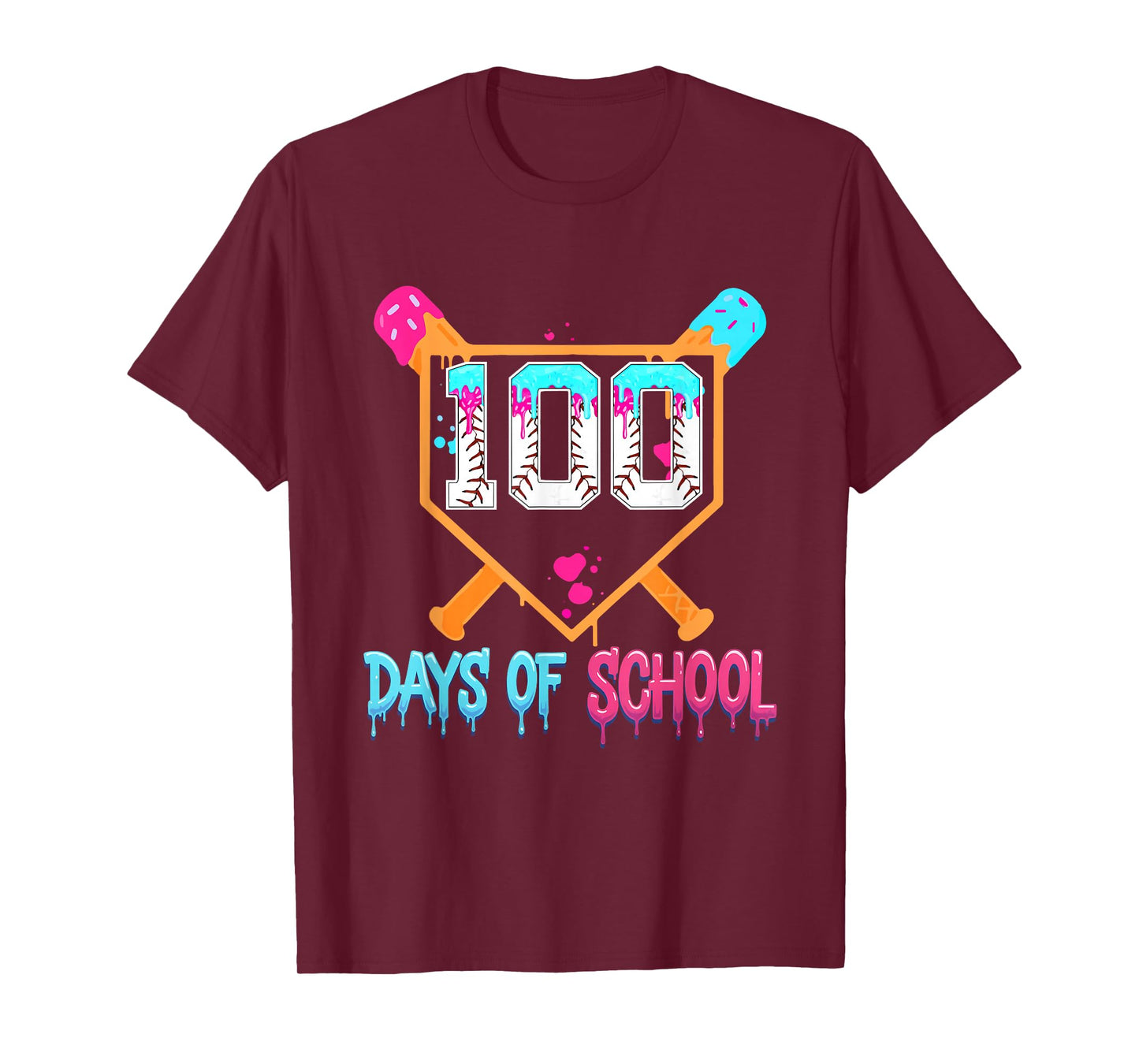 100 Days of School Baseball Ice Cream Drip 100th Day School T-Shirt