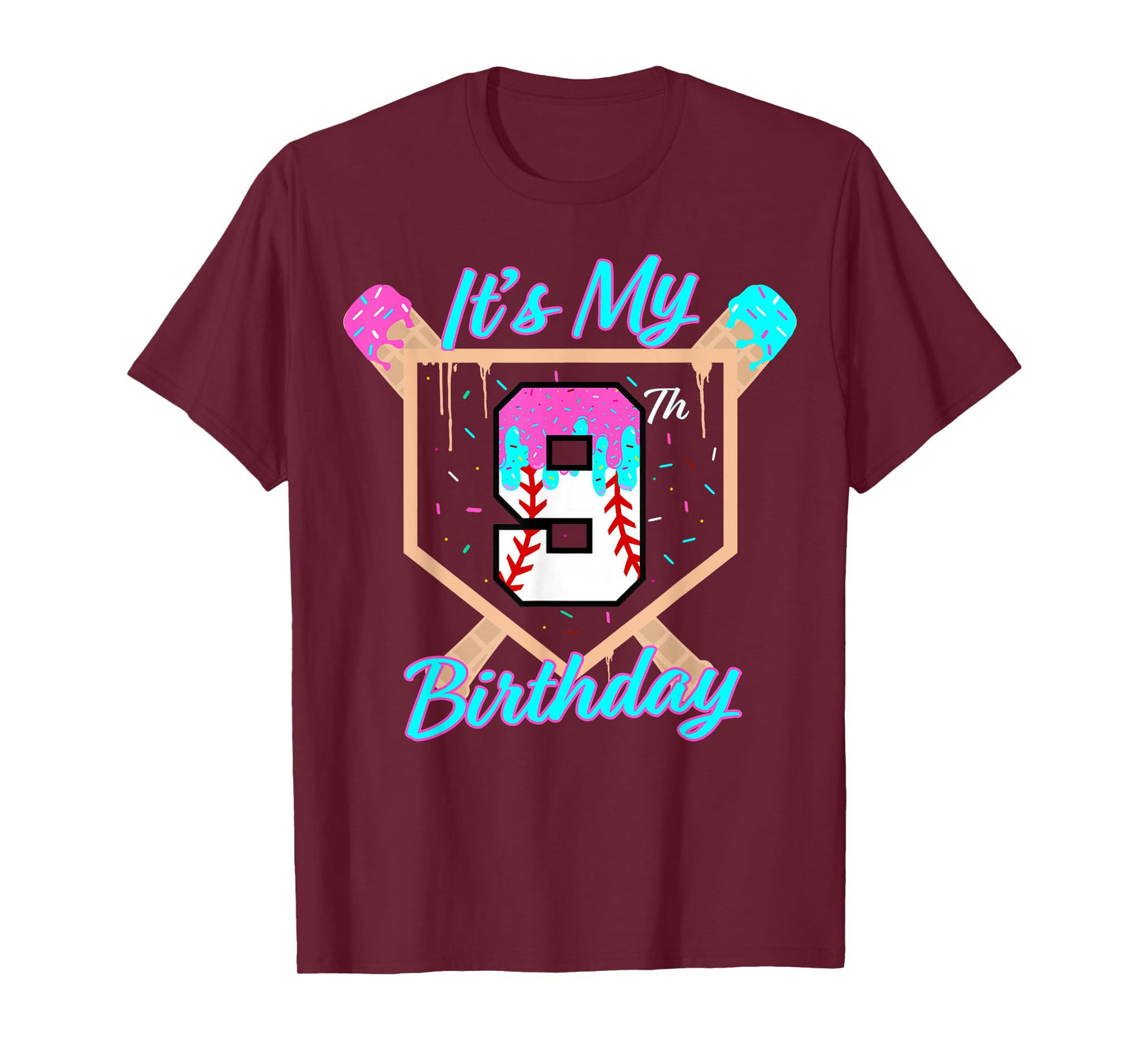 Baseball 9 Year Old Ice Cream Drip 9th Birthday Boy Number 9 T-Shirt