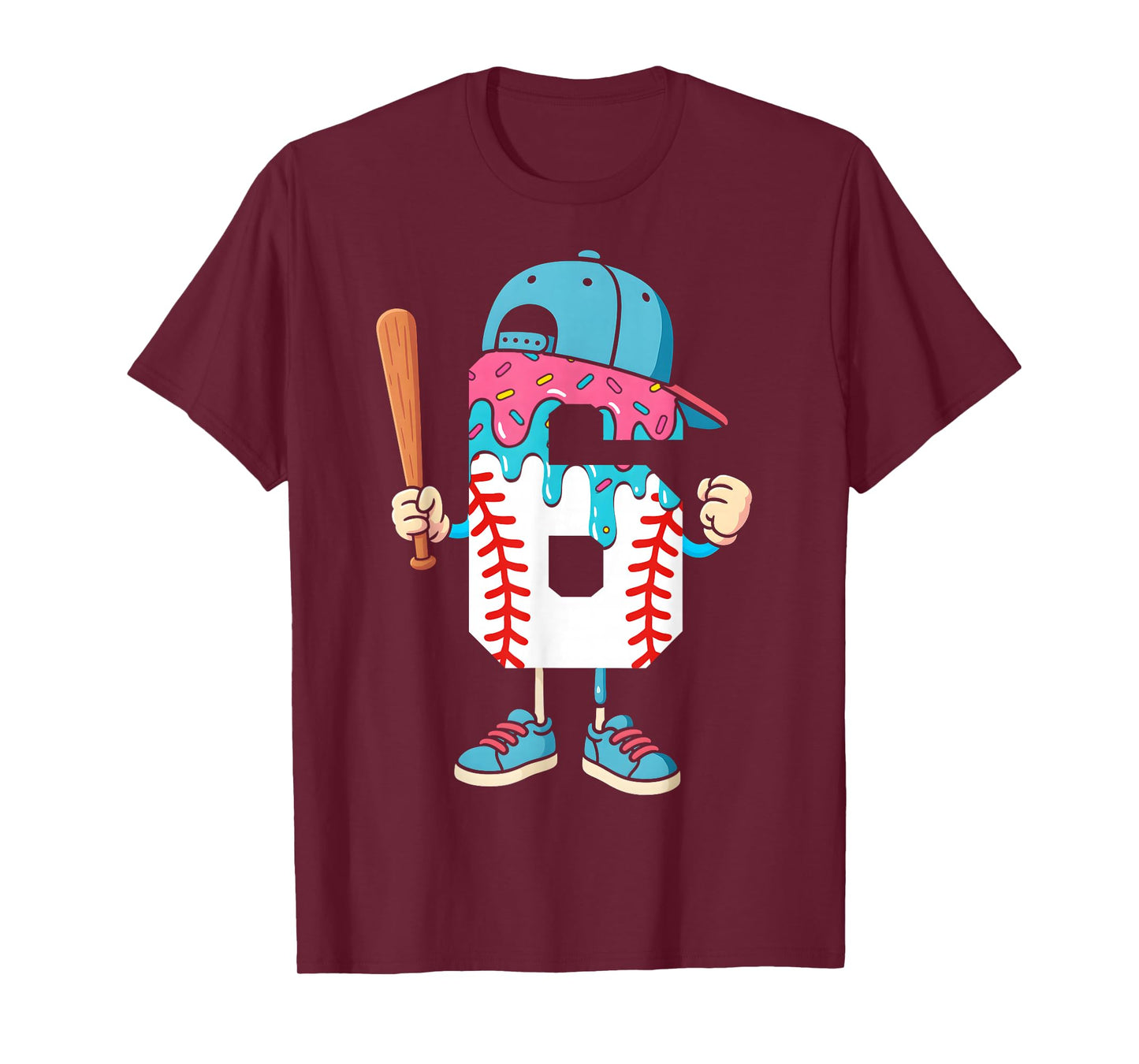 Baseball 6 Year Old Ice Cream Drip 6th Birthday Boy Number 6 T-Shirt
