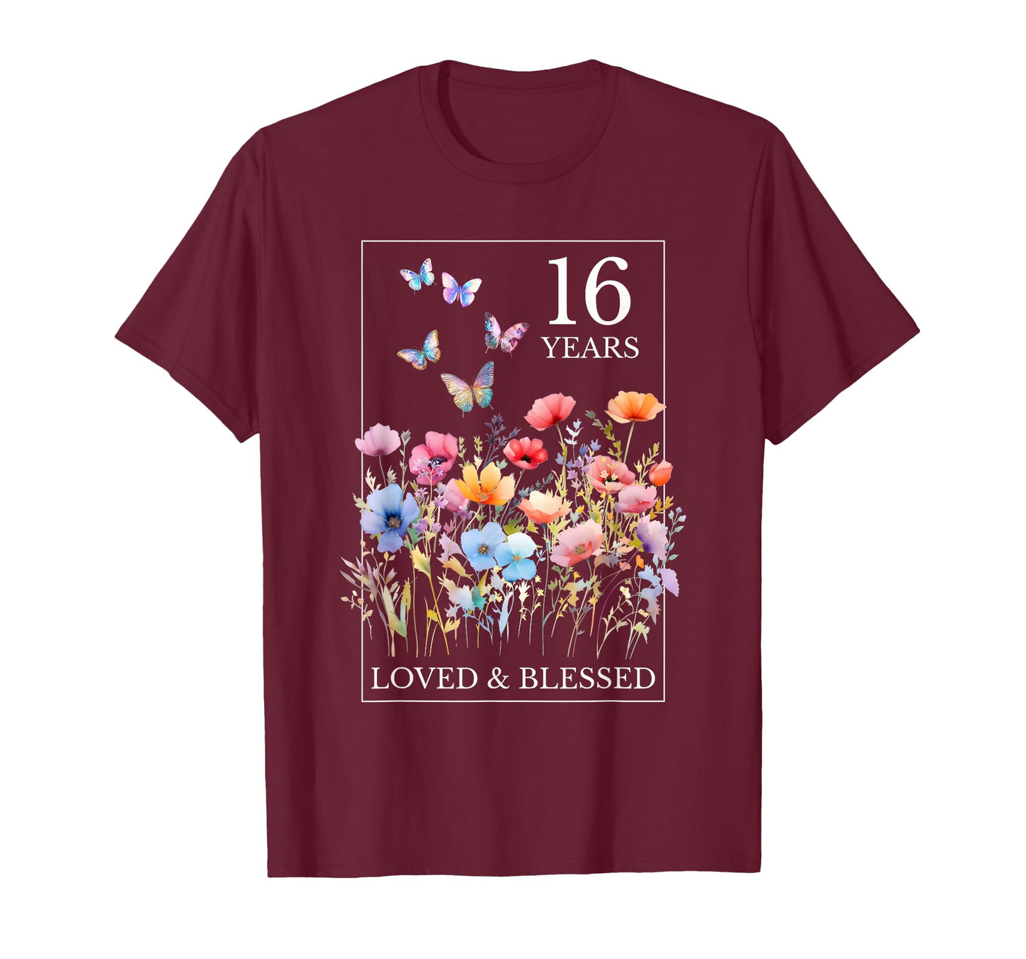 16 Years Loved Blessed Butterfly Flower Stamp 16th Birthday T-Shirt
