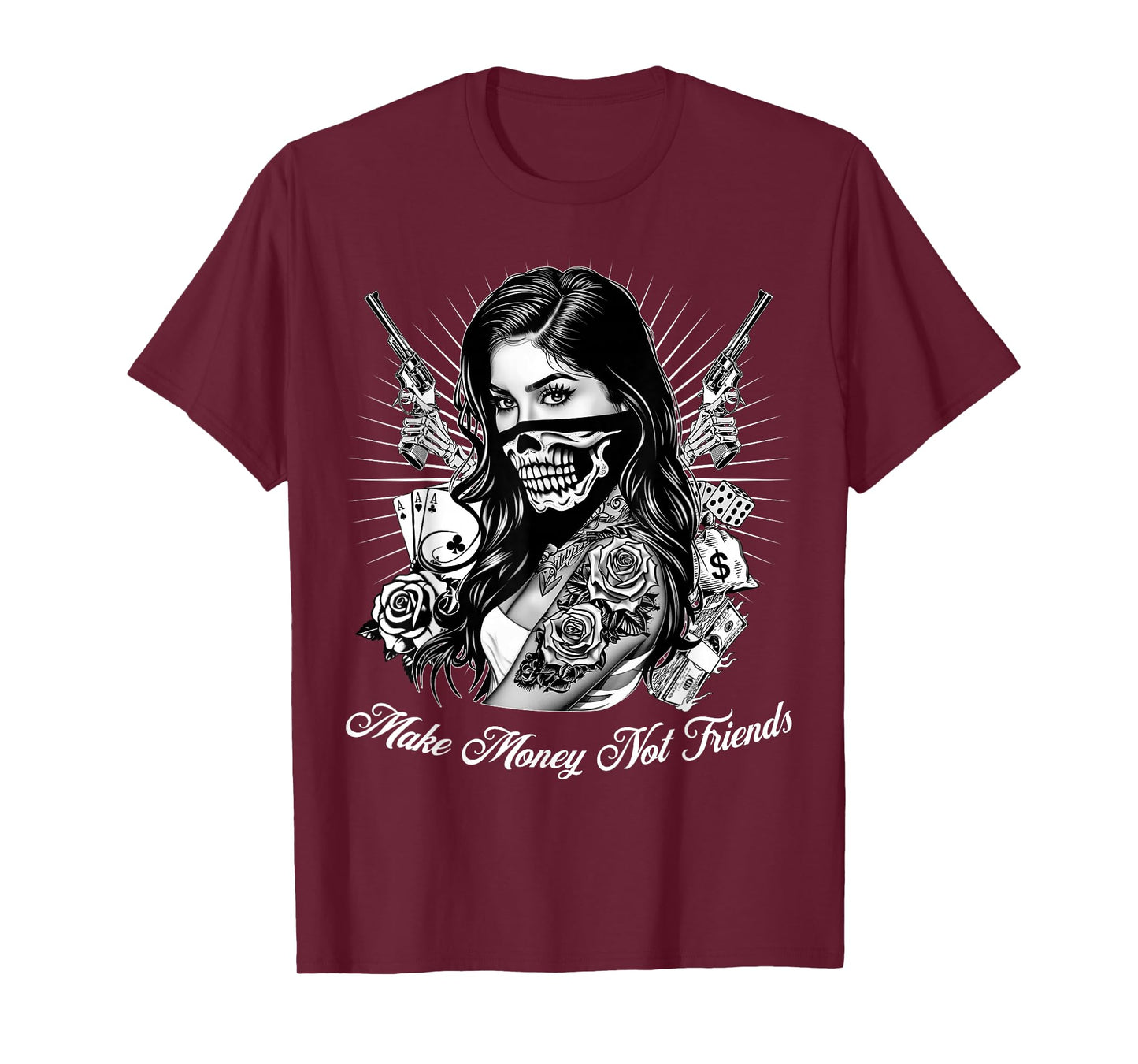 Make Money Not Friends Chicano Gangsta Girl Skull Bandana T-Shirt