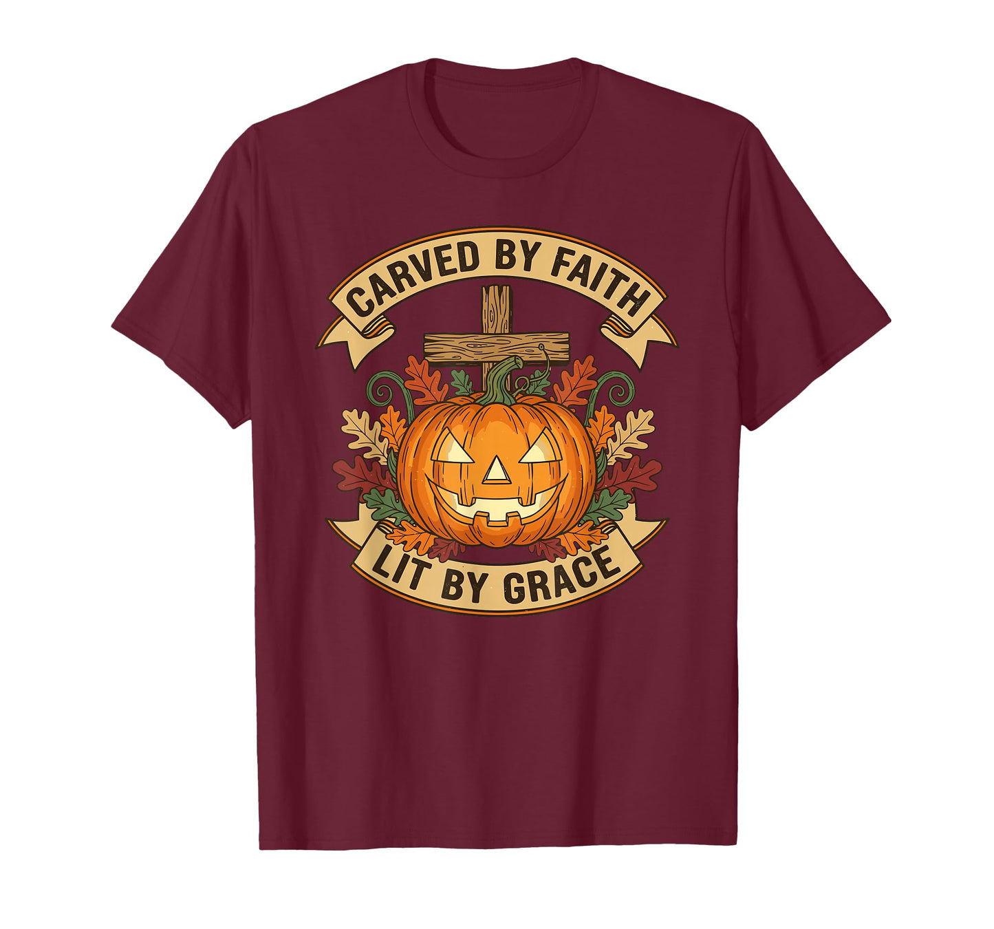 Carved by Faith Lit by Grace Pumpkin Oak Leaves Christian T-Shirt