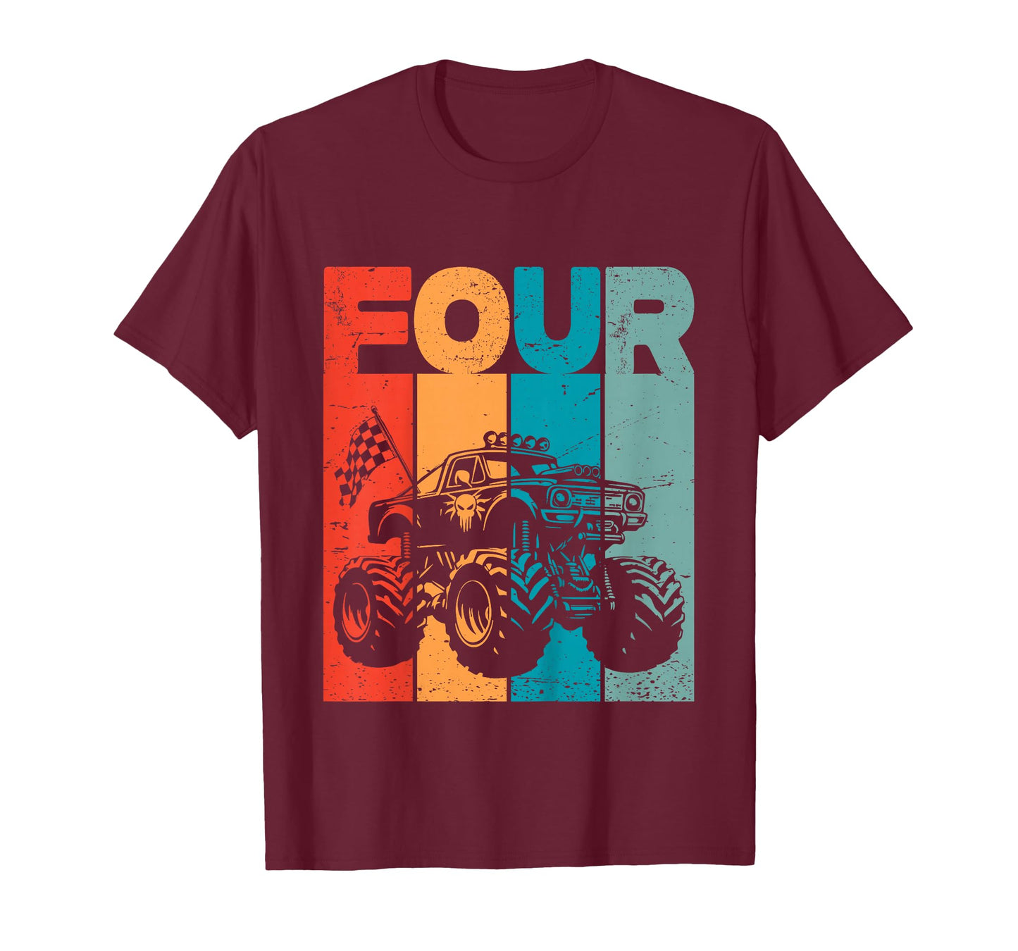 Kids 4th Birthday Monster Truck Four Retro 4 Years Old Bday Boys T-Shirt