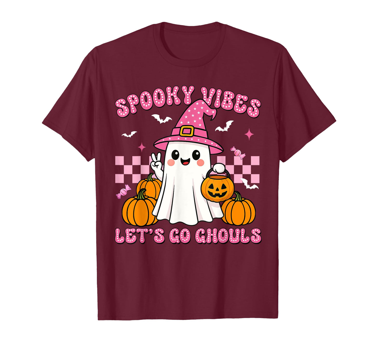Lets Go Ghouls Spooky Vibes Witch Ghost Halloween Women Girl T-Shirt