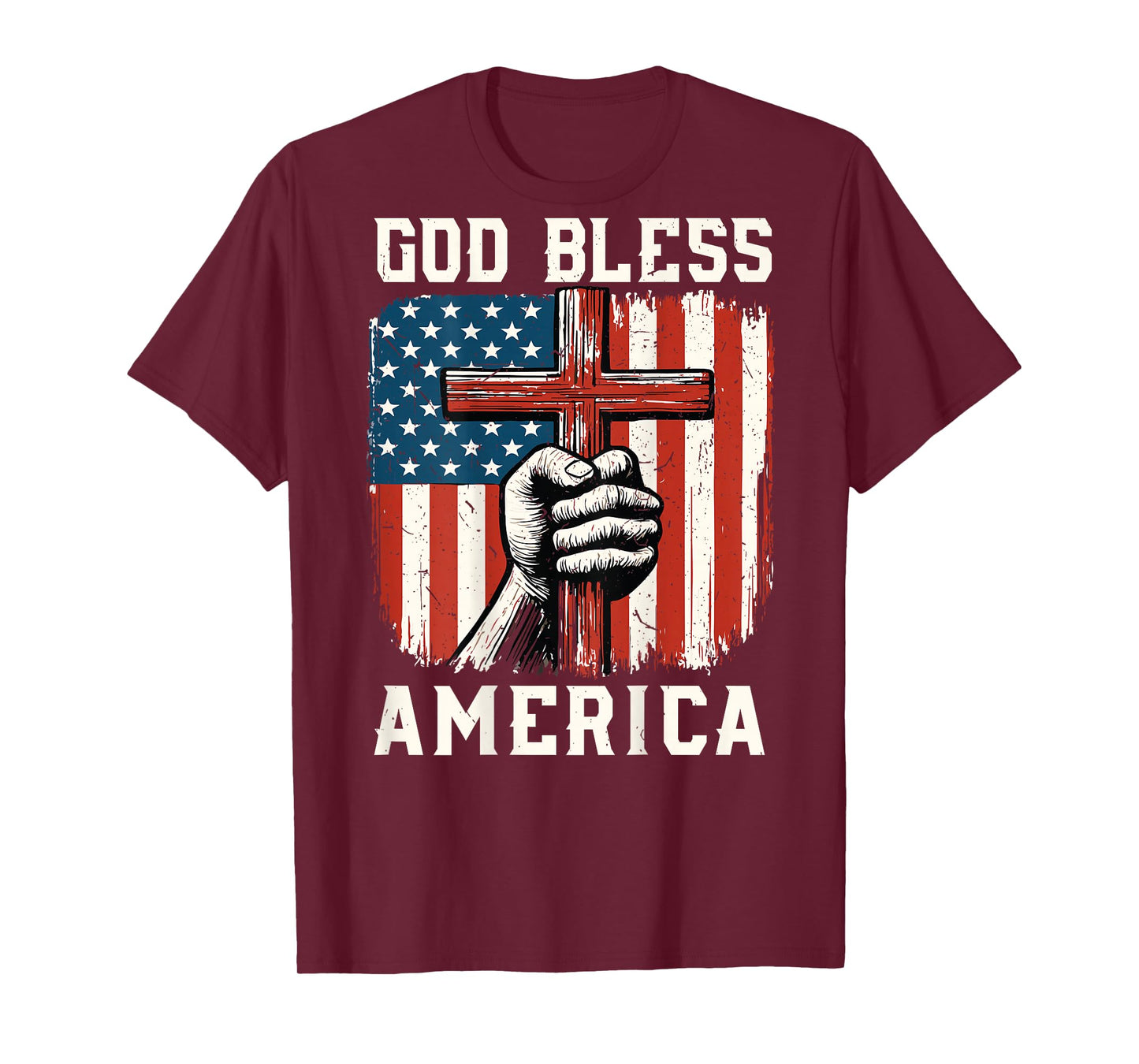 On-Back God Bless America Christian Patriotic Cross USA Flag T-Shirt