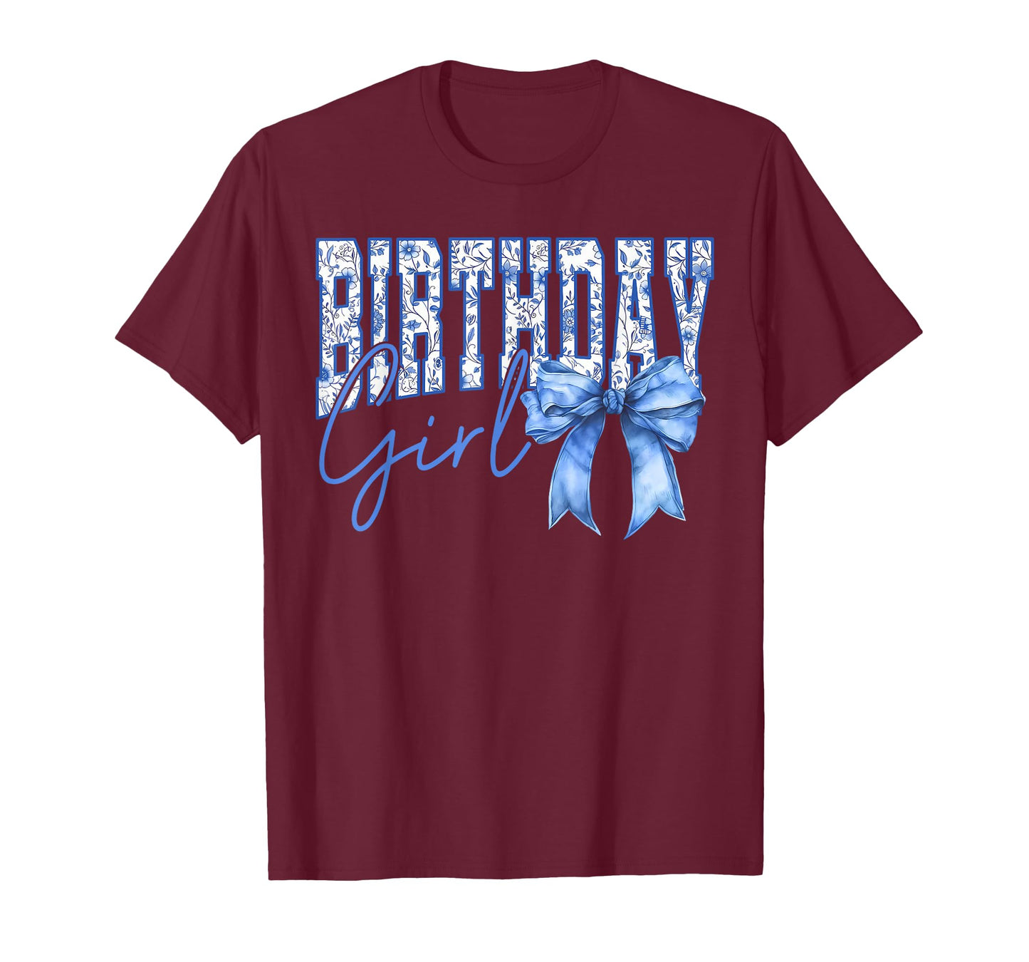 Birthday Girl Coquette Blue Toile Bow Girly Aesthetic Kids T-Shirt