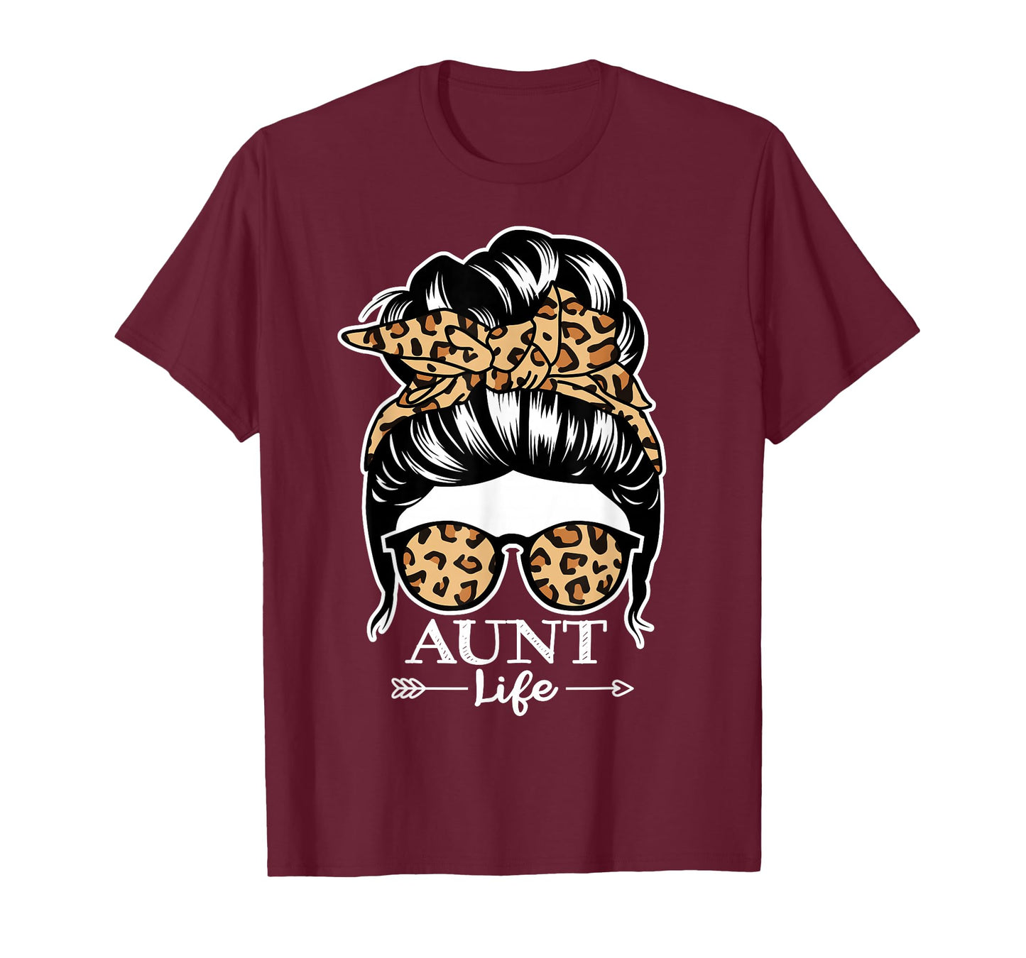 Aunt Life Messy Bun Hair Funny Aunt Leopard T-Shirt