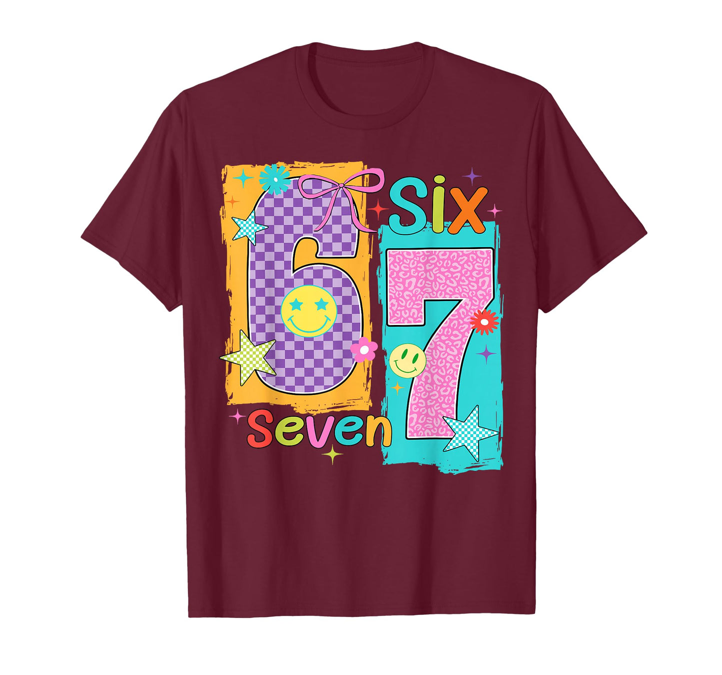67 Leopard Checkered Funny Six Seven Meme 6-7 Girls Kids T-Shirt