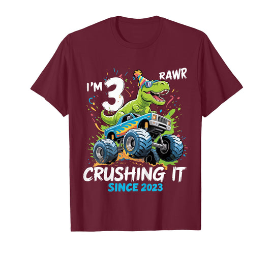 Kids 3rd Birthday Monster Truck Dinosaur 3 Year Old boy Born 2023 T-Shirt