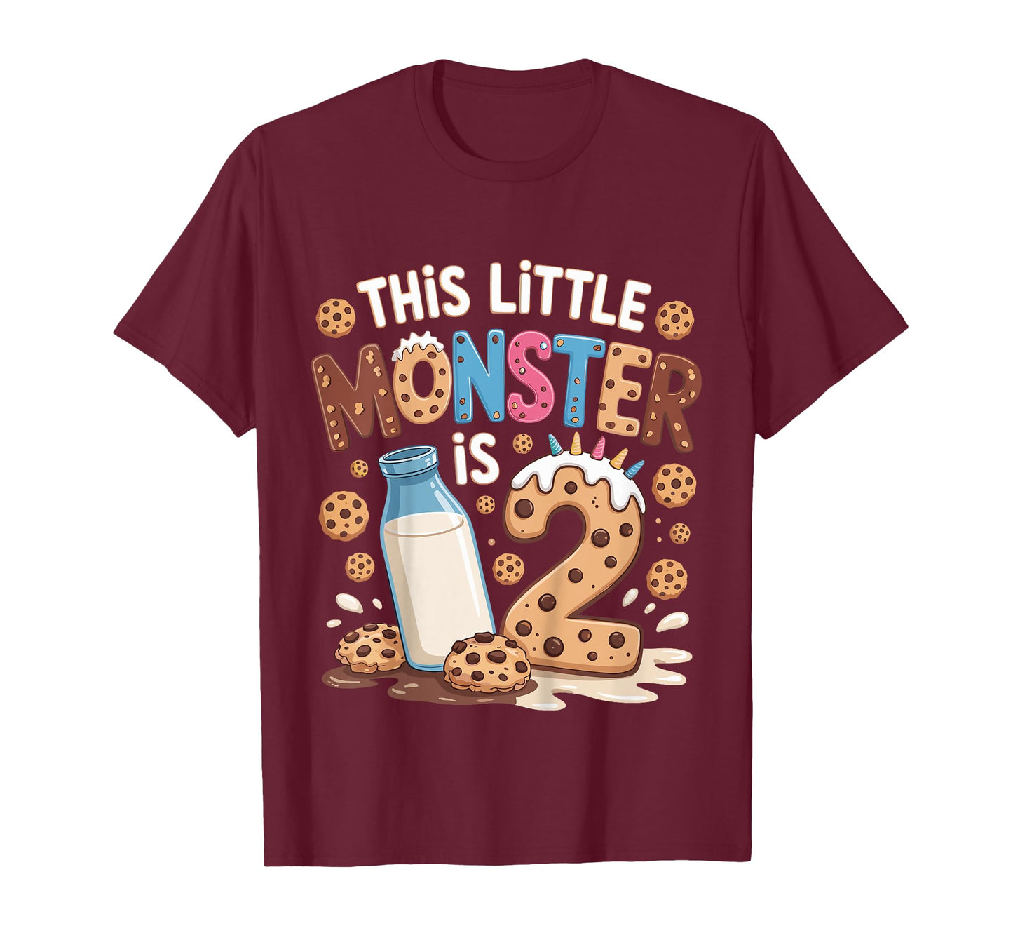Kids This Little Monster Is 2 Birthday Milk 2nd Bday Boy Girl T-Shirt