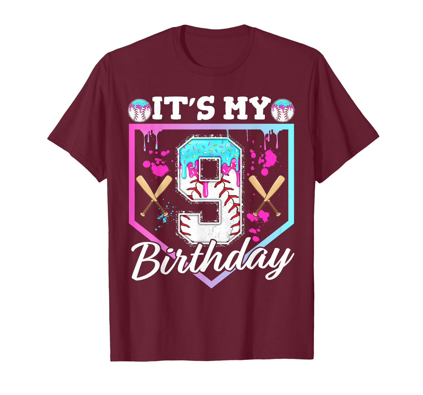 Baseball Drip 9 Year Old Ice Cream 9th Birthday Boy Dripping T-Shirt