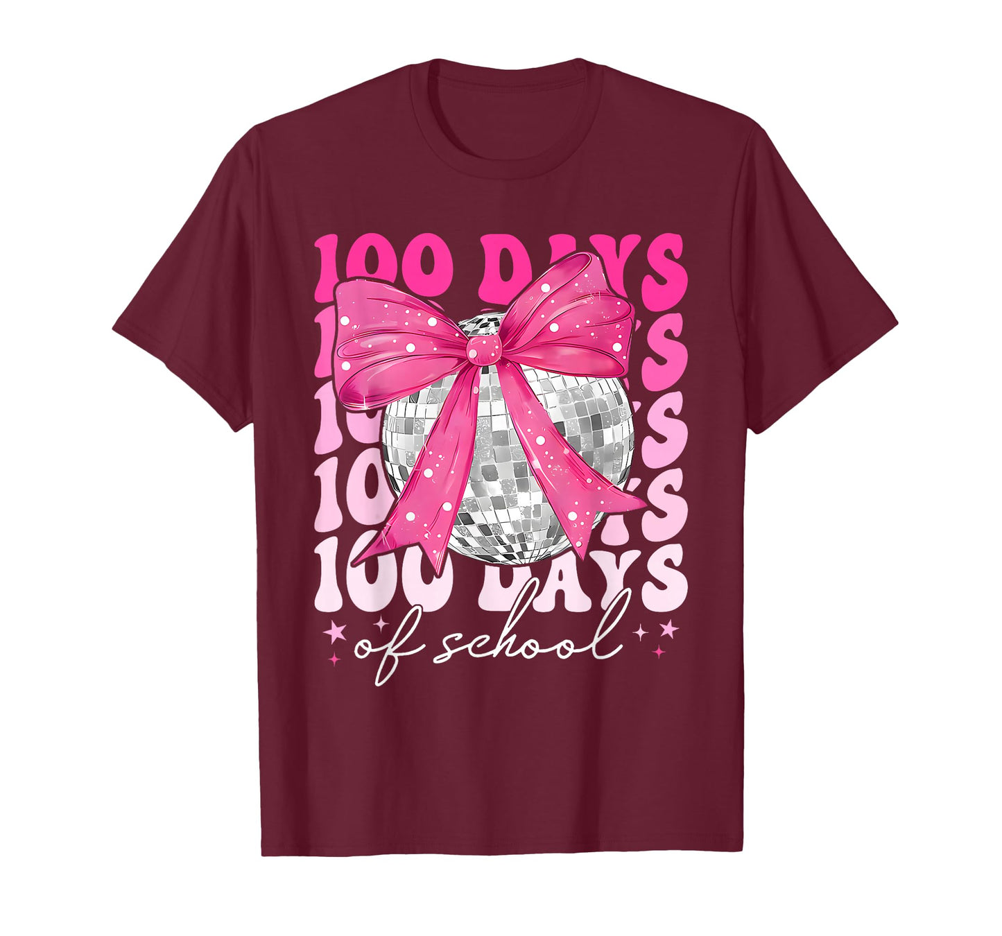 Retro 100 Days of School Coquette Bow Disco Ball Girls Women T-Shirt
