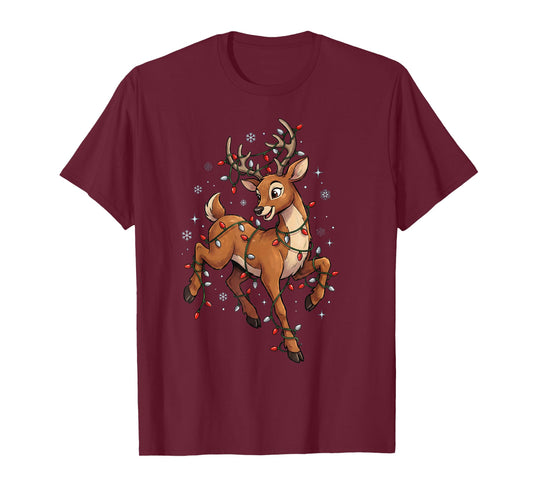 Cute Christmas Reindeer Lights Pajamas Kids Women Family T-Shirt