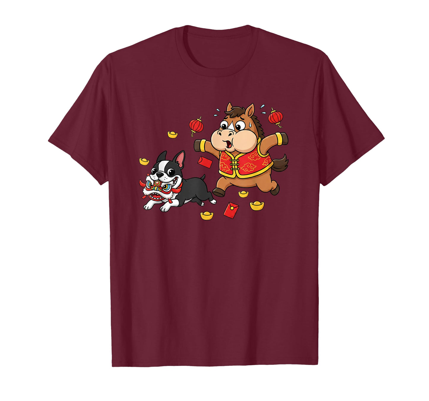 Chinese Horse Boston Terrier Kids Mens Womens Happy New Year T-Shirt