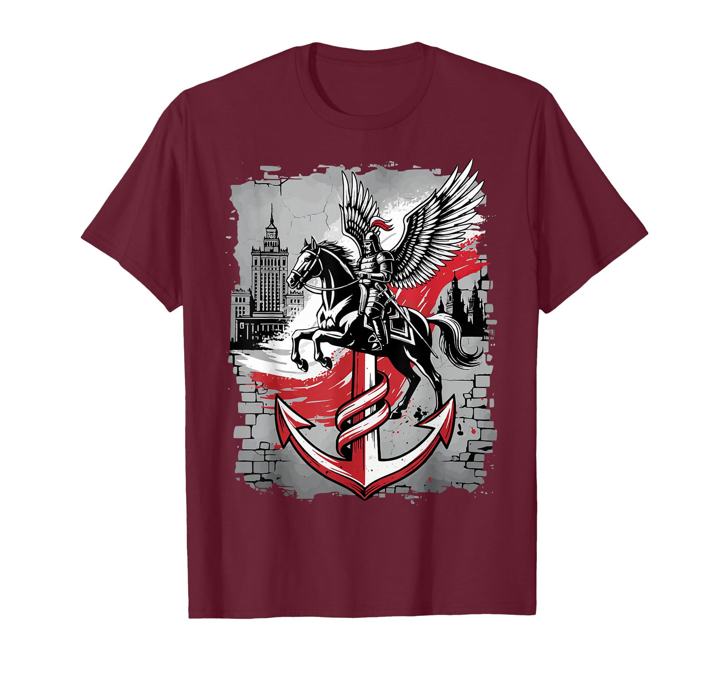 Winged Hussar Polish Anchor PW Symbol Warsaw Skyline Art T-Shirt