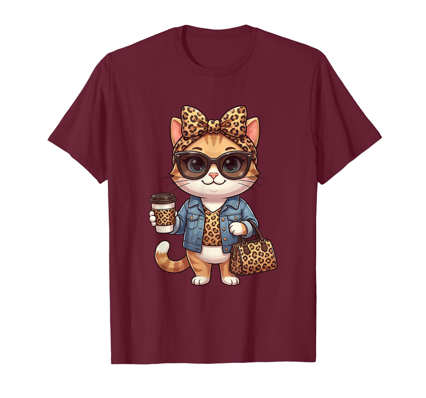 Fashion Funny Leopard Cat Coffee Cute Women Girls T-Shirt
