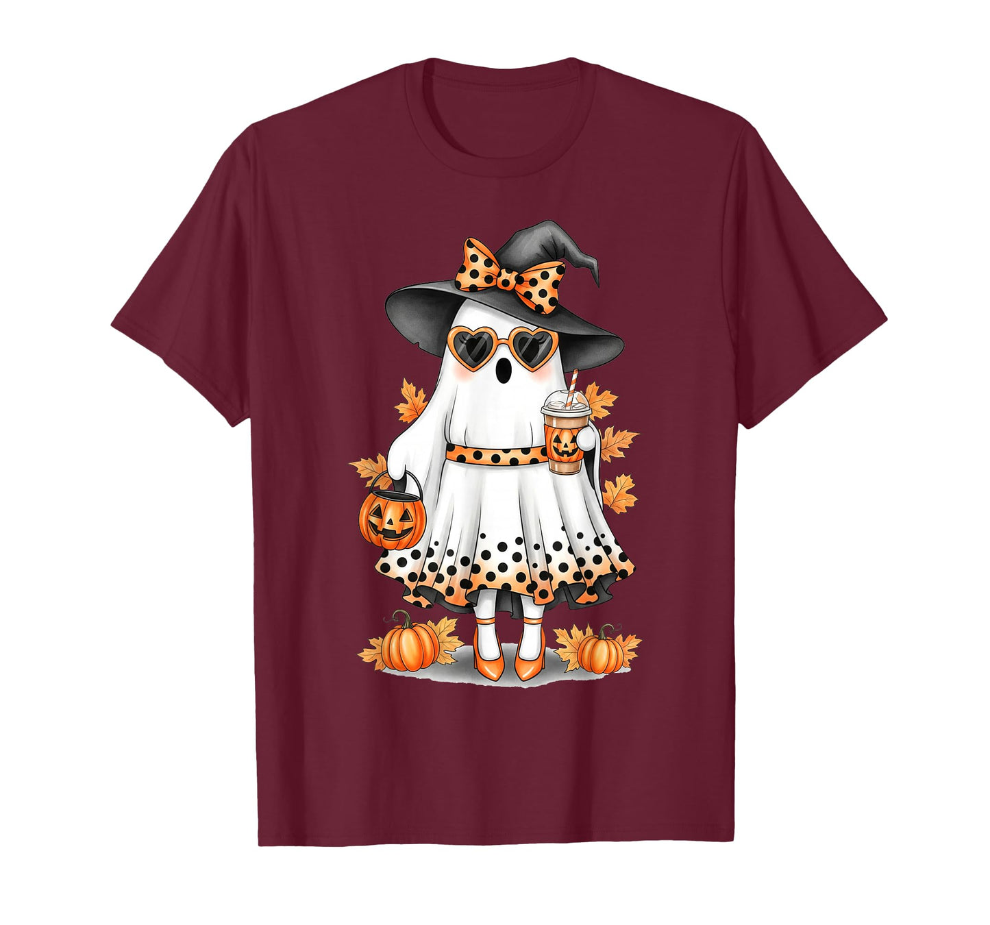 Spooky Cute Ghost Drinking Pumpkin Iced Coffee Halloween Bow T-Shirt