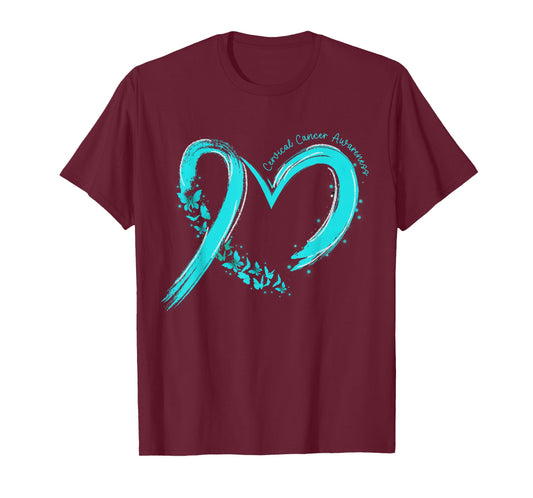 Cervical Cancer Awareness Heart Ribbon Teal Family Support T-Shirt